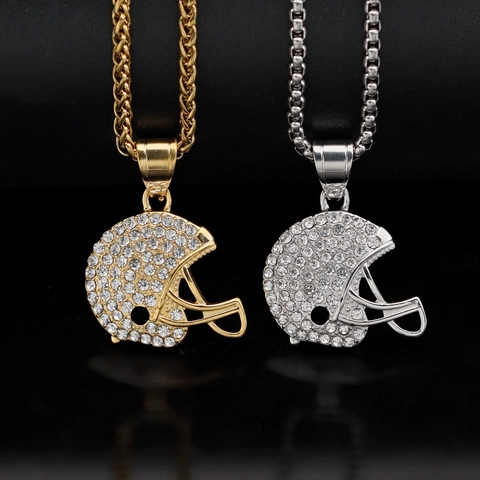 Collar Con Colgante De Casco De Fútbol Americano Acero Inoxidable Iced Out Rhinestone Hip Hop Joyería De Moda