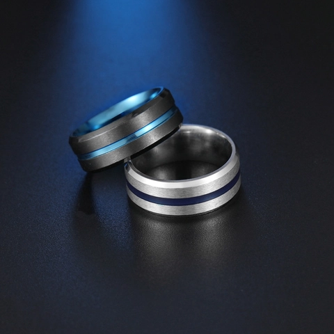 Minimalistischer Edelstahl Ring Zweifarbig Für Damen Herren 8mm Gebürstet Matt Blau Rille Mode Band Schmuck