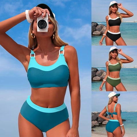 Contrast Color Women Bikini Swimsuit High Waisted Bottoms Sporty Vest Top Back Tie Beachwear Elastic Nylon