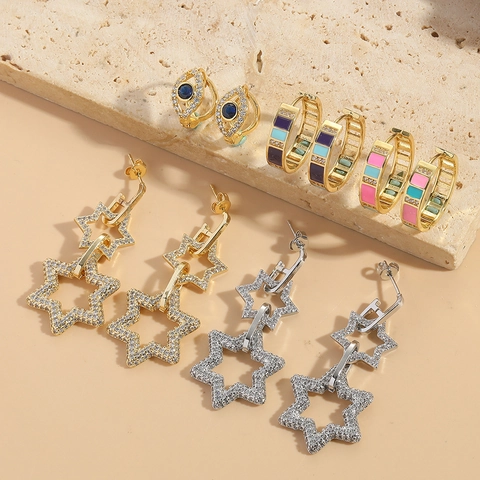 Orecchini a Cerchio Geometrici Stella Donna Lusso Rame Zirconia Malocchio Pendenti Eleganti Moda Gioielli Versatili