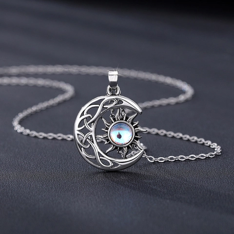 Sun Moon Pendant Necklace Vintage Copper With Imitation Moonstone Celtic Knot Mystical Jewelry For Women