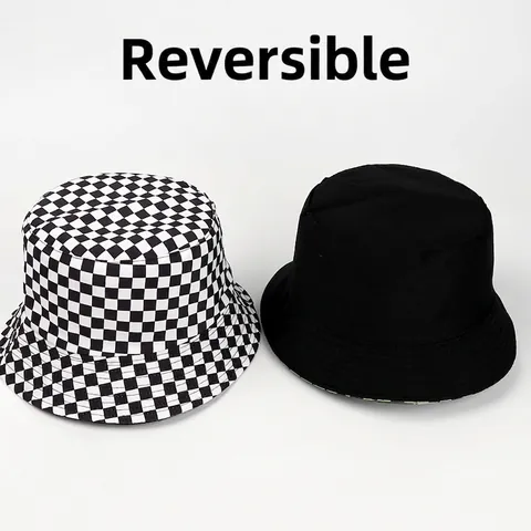 Checkerboard Print Reversible Bucket Hat Cotton Polyester Sun Protection Outdoor Casual Fashion Unisex Flat Top