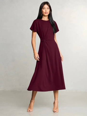 Midi Dress Polyester Ruched Waist Twist Knot Round Neck Short Sleeve Elegant Casual Solid Color