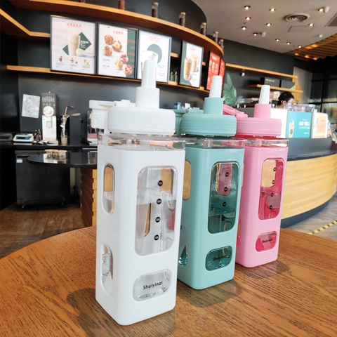 Square Double Layer Water Bottle With Straw And Handle Portable Plastic Leak Proof Sports Bottle For Outdoor Office