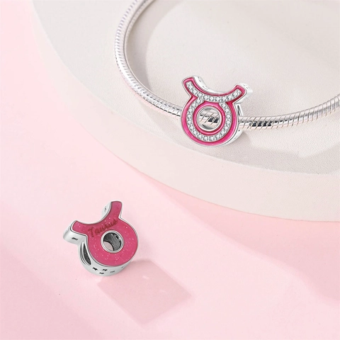 Zodiac Constellations Charms Beads Silver Plated Copper Pink Enamel Zirconia For DIY Bracelet Jewelry Making Women