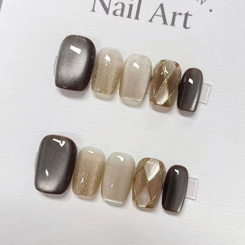 Cat Eye Aufpressnägel Maillard Braun Schachbrettmuster Glitzer Schimmer Quadratisch Rund Falsche Nägel Damen