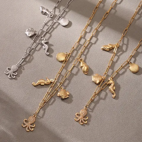 Oceaan Thema Roestvrijstalen Ketting Met Zirkoon Octopus Schelp Zeepaardje Hangers Paperclip Ketting Strand Sieraden Voor Dames