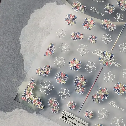 5D Embossed Nail Art Stickers Colorful Flower Rainbow Design PET Self Adhesive Decals For Manicure DIY Decoration Women