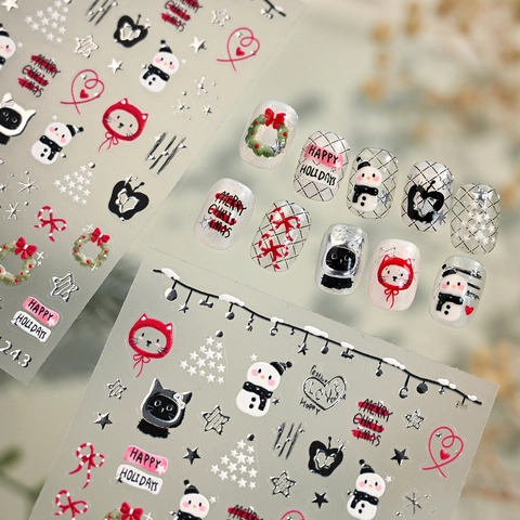Christmas 3D Embossed Nail Art Stickers Cartoon Cat Snowman Wreath Heart Decals Self Adhesive Winter Holiday Nail Decor