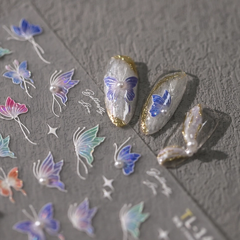 5D Embossed Butterfly Nail Art Stickers Holographic Adhesive Decals With Faux Artificial Pearls DIY Manicure Decoration For Women