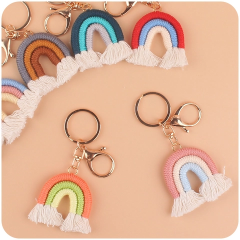 Portachiavi Arcobaleno Intrecciato A Mano Corda Di Cotone Nappa Boho Ciondolo Per Borsa Ornamento Auto Macramè