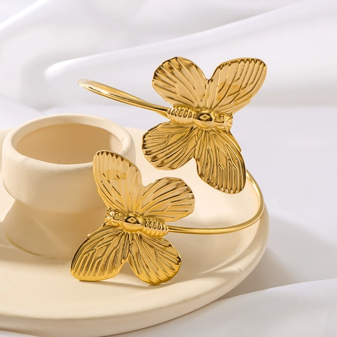 Bracciale Aperto Farfalla Acciaio Inossidabile Placcato Oro 18K Retro Esagerato Moda Regolabile Gioielli Per Donne