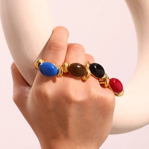 Dopamine Colorful Resin Stainless Steel Open Ring For Women Vintage Geometric Oval Resin Adjustable Ring Gold Silver Plated Fashion Finger Jewelry