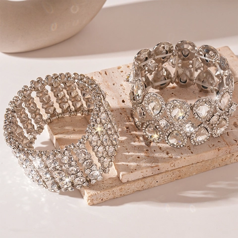 Bracciale Elastico Largo Lega Strass Goccia D'acqua Multi Riga Gioielli Di Lusso Per Donne Matrimonio