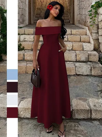 Vestito Lungo Elegante Da Donna Spalle Scoperte Tinta Unita Vestibilità Aderente Linea A Con Tasche Festa Vacanza