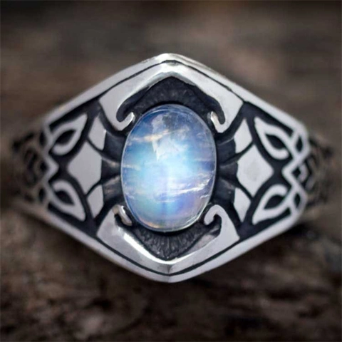 Bague Rétro Avec Pierre De Lune Ovale Alliage Vintage Nœud Celtique Gravé Couleur Argent Style Bohème Femmes