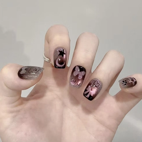 Cat Eye Press On Nails Verlauf Grau Schwarz Pink Stern Mond Welpe Sweet Cool Stil Künstliche Falsche Fingernägel