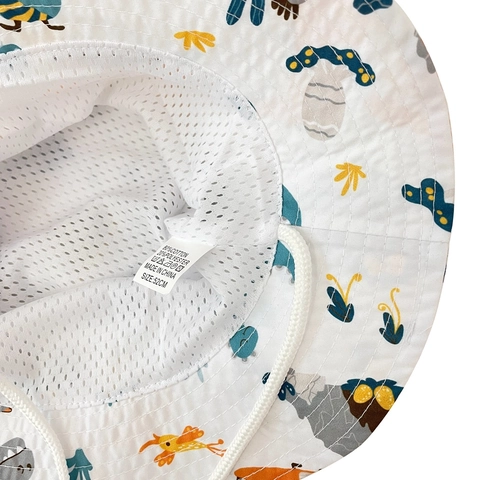 Kids Sun Bucket Hat Cotton Polyester Breathable Mesh Lining Wide Brim Adjustable Chin Strap Cartoon Print Outdoor Beach