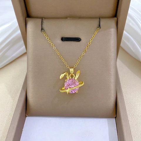 Collana Con Ciondolo Pianeta Orecchie Di Coniglio Zircone Rosa Catena In Acciaio Inossidabile Placcato Oro Per Donna