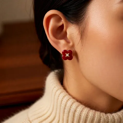Vintage Red Flower Stud Earrings With Silver Earring Post Copper Enamel Zircon Four Leaf Clover Elegant Jewelry For Women