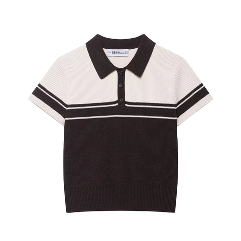 Dames Gebreide Polo Top Geribd Gestreepte Color Block Korte Mouw Amerikaanse Retro Street Style Licht Zacht Polyester