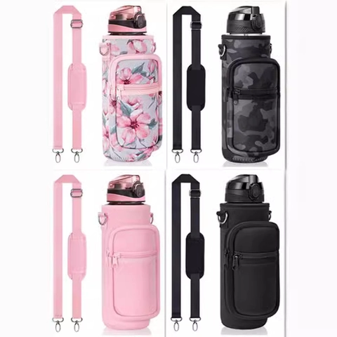 Neoprene Insulated Water Bottle Sleeve Carrier Bag With Adjustable Shoulder Strap Phone Pocket Floral Camo For Outdoor