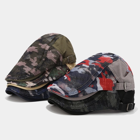 Camouflage Mesh Flat Cap Breathable Cotton Polyester Adjustable Beret Hat For Men Women Outdoor Sun Protection