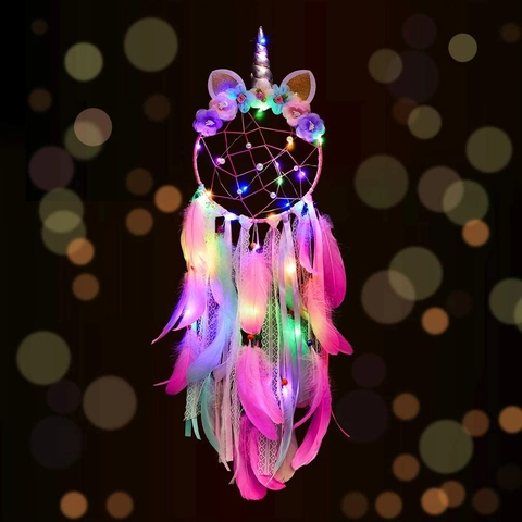 Unicorn Dreamcatcher With LED Lights Handmade Colorful Feather Wall Hanging For Bedroom Girls Room Decor Romantic