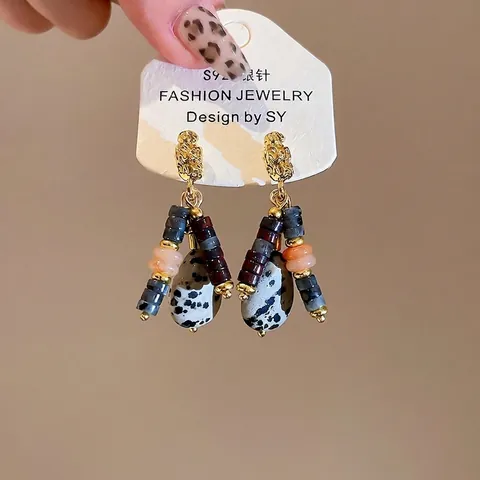 Boucles D'oreilles Pendantes Ethniques Bohèmes Avec Pierre Naturelle Perles Colorées 925 Argent Fin
