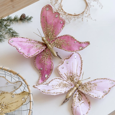Eleganti Ornamenti Farfalla In Tessuto Decorazioni Albero Natale Brillanti Glitter Strass Festa Matrimonio Con Clip Metalliche