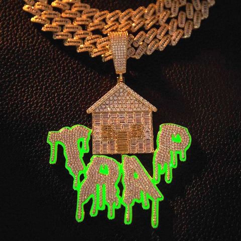 Μενταγιόν Κολιέ Hip Hop Trap House Letter Από Χαλκό Με Ζιργκόν Και Πράσινο Σμάλτο Κοσμήματα Για Άνδρες Και Γυναίκες