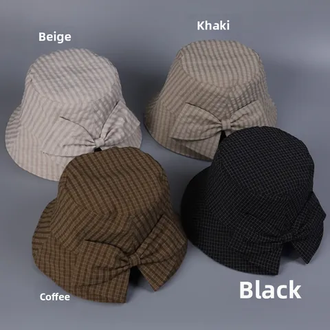 Women Japanese Style Gingham Bucket Hat Large Butterfly Bow Sun Protection Breathable Polyester Cotton Foldable Casual Travel Sun Hat