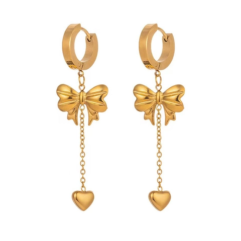 Collana E Orecchini Fiocco Cuore Nappa Acciaio Inossidabile Placcato Oro Gioielli Di Moda Donna Elegante