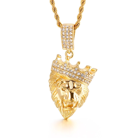 Heren Hip Hop Leeuwenkop Hanger Roestvrij Staal Met Strass Kroon Dierlijke Ketting Mode Sieraden Accessoire