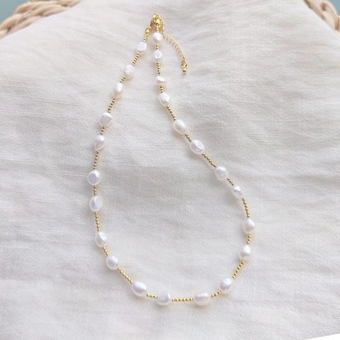 Natural Freshwater Pearl Necklace With 18K Gold Plated Copper Beads Elegant Minimalist Clavicle Chain For Women