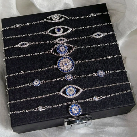 Braccialetto Occhio del Male in Argento Sterling 925 per Donna con Intarsio in Zirconia Blu Bracciale a Catena Regolabile Gioielli di Moda