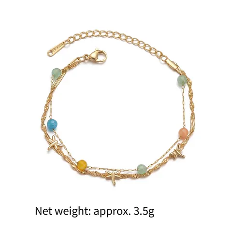 Bracelet Double Couche en Acier Inoxydable Plaqué Or 14K Vintage Français pour Femme Perles Colorées Pendentif Libellule Bijoux
