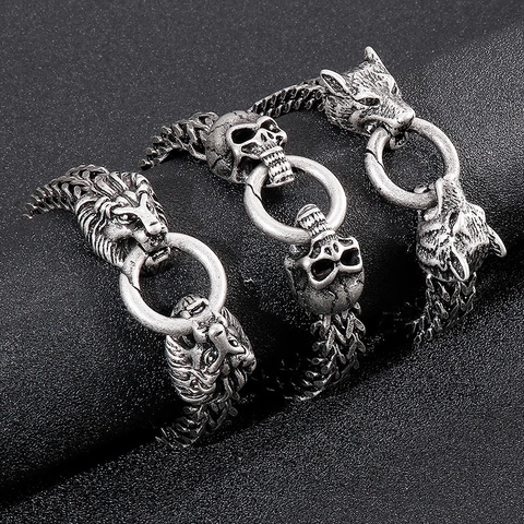Men Braided Chain Bracelet 316L Stainless Steel Punk Wolf Lion Skull Head Retro Vintage Distressed Biker Gothic Jewelry