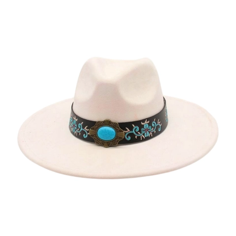 Cappello Fedora Tesa Larga Ricamo Etnico Scamosciato Feltro Vintage Bohémien Western Cowboy Arredo Turchese Donne Uomini