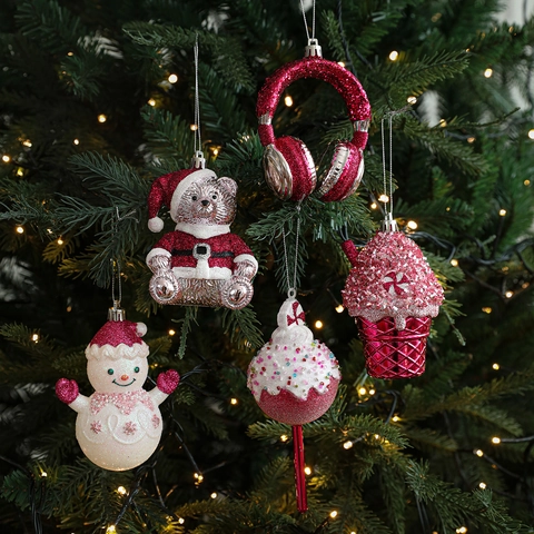 Christmas Tree Hanging Ornaments Plastic Glitter Bear Snowman Headphones Donut Lollipop Xmas Holiday Decor Pink Red