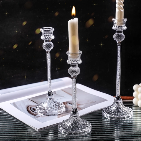 Crystal Glass Candlestick Holders Diamond Cut Base Internal Crystal Filled Taper Candle Stands Modern Home Wedding Decor