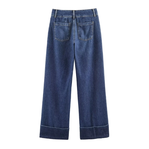 Jeans In Denim A Gamba Dritta Da Donna Vita Bassa Orlo Con Risvolto Blu Lavato Stile Retro Casual E Sexy