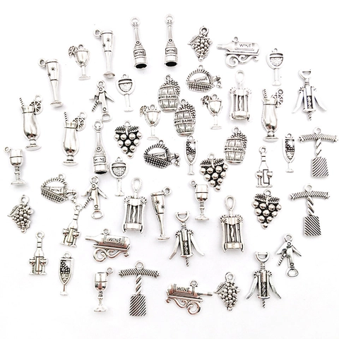 Vintage Antique Silver Alloy Wine Series Charms Wine Bottle Cup Grapes Corkscrew Pendants For DIY Jewelry Making Accessories