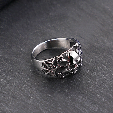 Bague Crâne Homme Acier Titane Toile Araignée Punk Gothique Bijoux Vintage Argent Biker