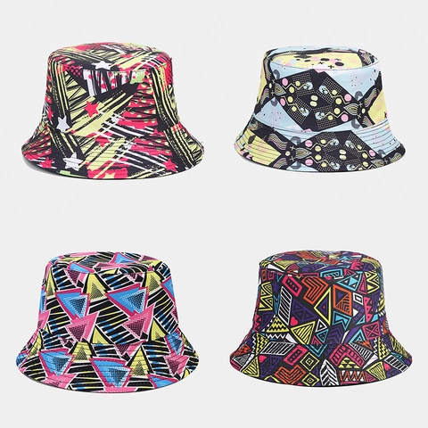 Omkeerbare Vissershoed Polyester 3D Geometrische Print Brede Rand Zonbescherming Streetwear Retro Strand Zonnescherm