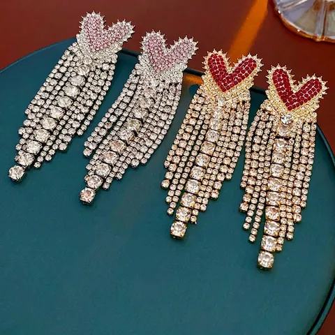 Herz Quaste Ohrringe Legierung Strass Mit Silberem Ohrstecker Lang Hängend Elegant Schmuck Für Damen