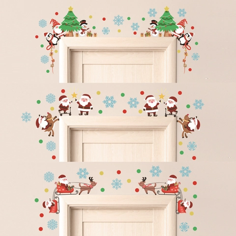 Adesivi Murali Di Natale Decalcomanie Per Cornici Di Porte Cartone Animato Babbo Natale Pupazzo Di Neve PVC Autoadesivi