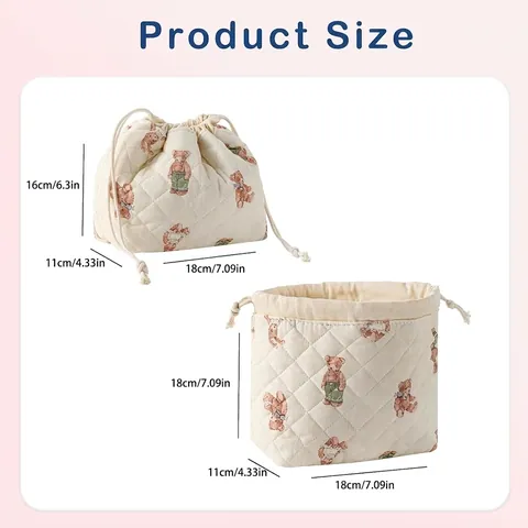 Quilted Cotton Drawstring Makeup Bag Portable High Capacity Cosmetic Storage Pouch For Travel Vintage Bear Pattern