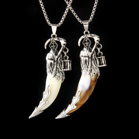 Wolf Tooth Pendant Necklace Stainless Steel Chain Alloy Animal Dragon Head Vintage Ethnic Punk Gothic Jewelry For Men