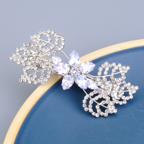 Elegante Fermaglio per Capelli in Lega con Strass e Zirconi a Forma di Fiore e Foglia Oro Argento per Matrimoni e Feste Donna
